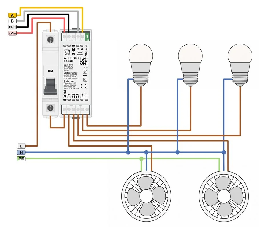 Alledio MX-EXT5 Modus 2 Relais Anschlussbeispiel