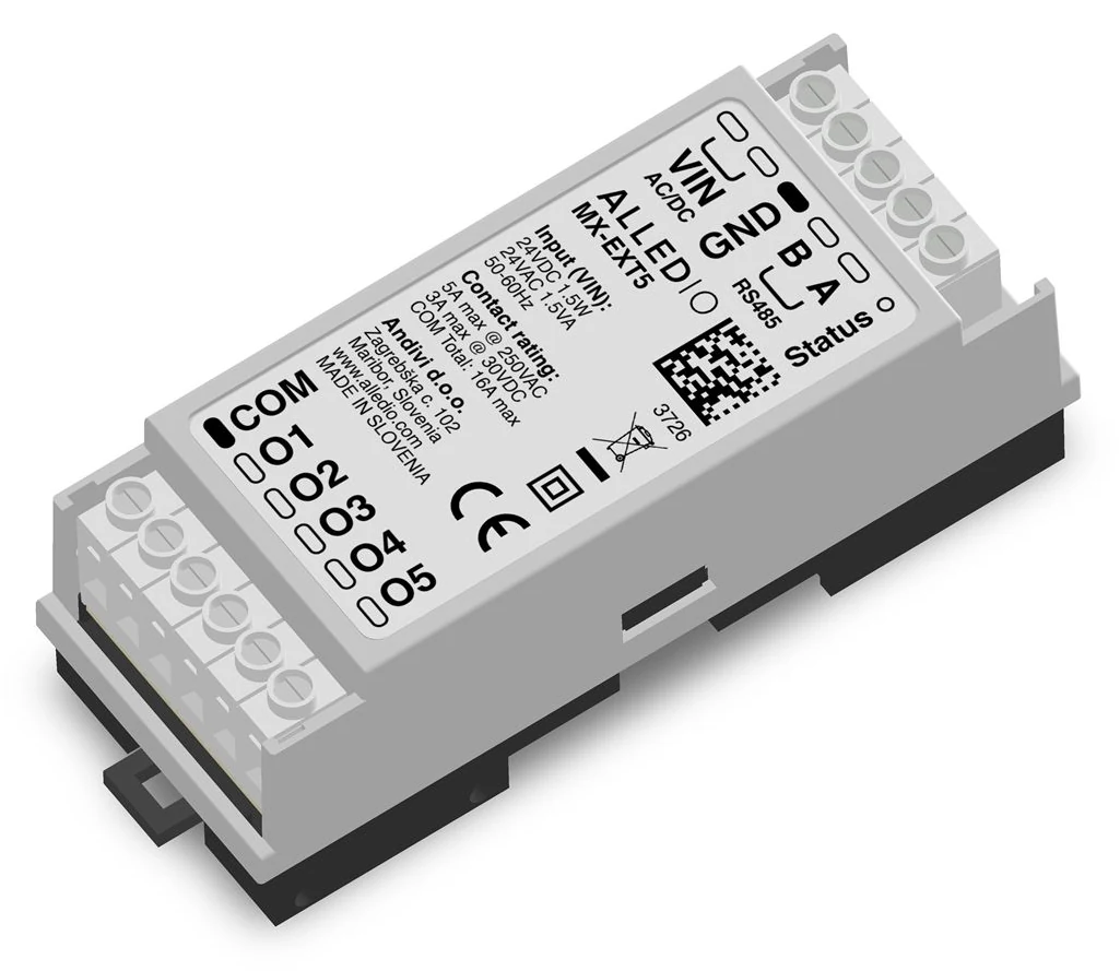 Alledio MX-EXT5 Modbus Relaismodul für DIN-Hutschiene Alledio MX-EXT5 Modbus Relaismodul für die Hutschiene mit fünf Schließern, COM, 24‑V-Versorgung und RS485-Klemmen