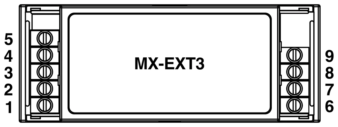 Klemmenbelegung MX-EXT3 (1–9) Klemmenbelegung des 3-Kanal-Modbus-Relaismoduls MX-EXT3, Klemmen 1–9 mit COM und O1–O3
