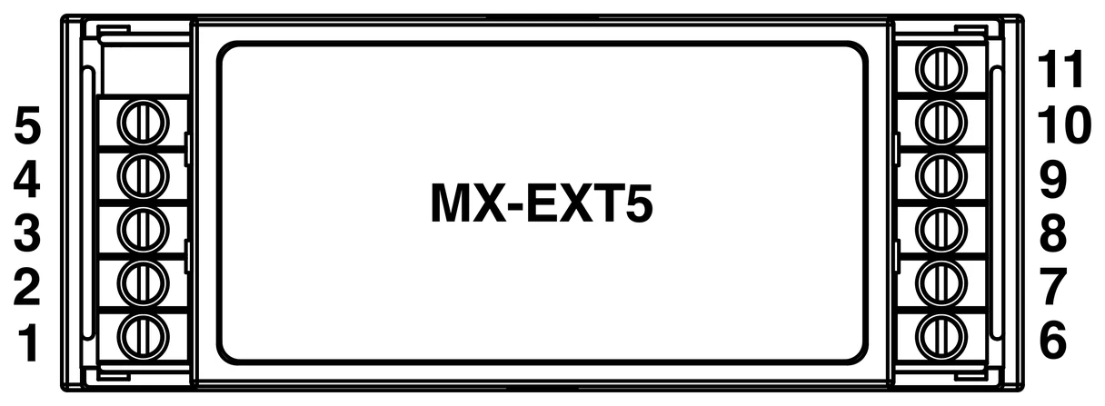 Klemmenbelegung MX-EXT5 (1–11) Klemmenbelegung Modbus Relaismodul MX-EXT5: VIN, GND, RS485 B/A an 1–5 und COM, O1–O5 an 6–11