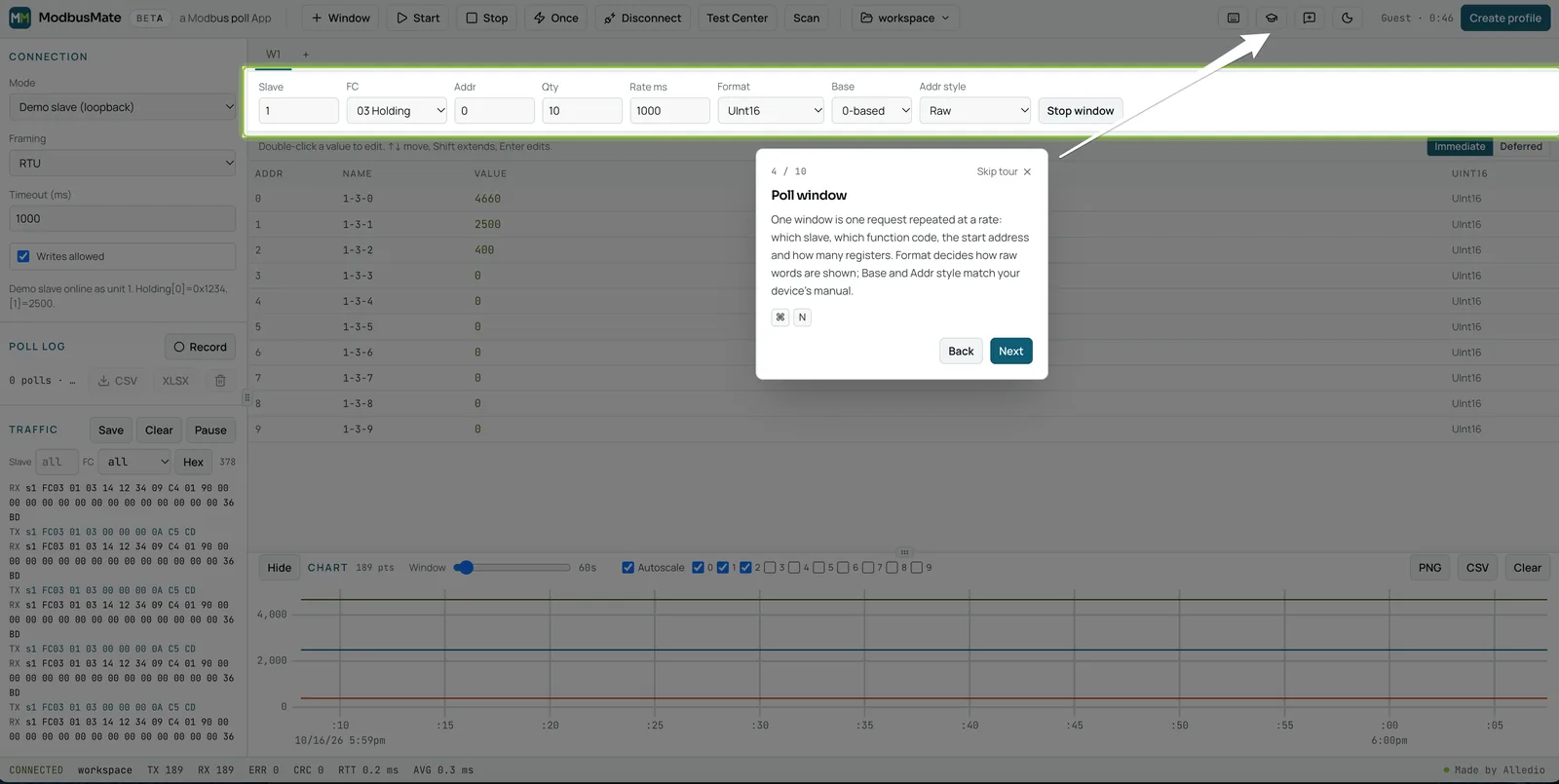Geführte Tour durch den Modbus-Tester Geführte Tour im Modbus-Tester ModbusMate erklärt die Einstellungen des Poll-Fensters, Schritt 4 von 10